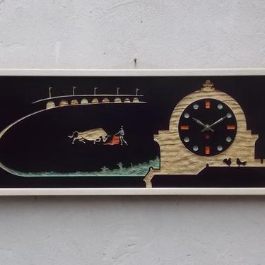 Large Black Vintage Hand Carved Plywood Wall Clock, Spanish Bullfighter Scene 