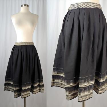 Vintage German Black Wool Full Skirt - XS Black Bavarian Embroidered Dirdl Skirt 