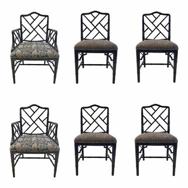 Currey & Co. Asian Modern Chippendale Style Bamboo Dining Chair Set of Six