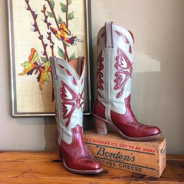 MISS CAPEZIO Vintage 80s Boots | 1980s Leather Butterfly Inlay Burgundy &amp; Tan Britney Boots | Cowgirl Western Boho Hippie 70s 1970s | Size 7 