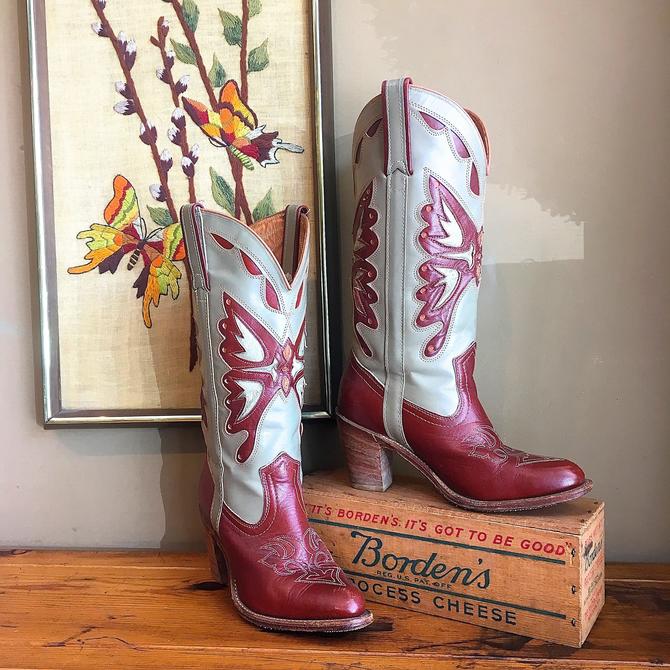 Vintage 1950s Black Leather & Red Butterfly Inlay Cowboy Boots
