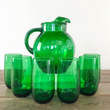 Forest Green Depression Glass Ice Lip Pitcher Set with 6 Tumblers, Vintage 1930s Water Juice Iced Tea Cocktail Glasses 