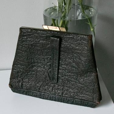 1950s Purse Black Leather Deco Clutch Bag 