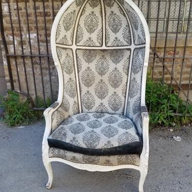 Vintage Blue Colored Cow-Hide & Floral Printed Upholstered, Distressed White-Washed Wood Framed Canopy Chair by Horchow