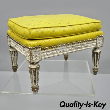 French Country Louis XVI Style White Paint Yellow Small Ottoman Footstool Stool