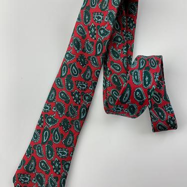 1960's MOD Tie - DAMON LABEL - Paisley Print - All Silk -  Red Background with Emerald Green &amp; Mint Paisleys 