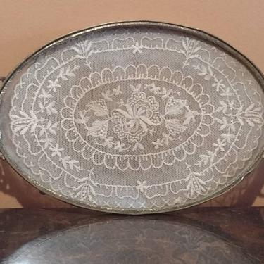 Antique Brass &amp; Glass Lace Dresser Vanity Tray Victorial Lace Tray 10&amp;quot; 