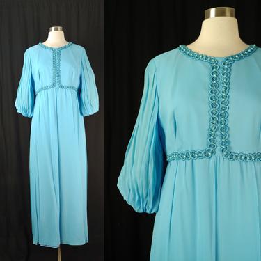 Vintage Seventies Large Blue Chiffon Beaded Empire Waist Dress - 70s 3/4 Bishop Sleeve Gown - Prom Formal Dress 