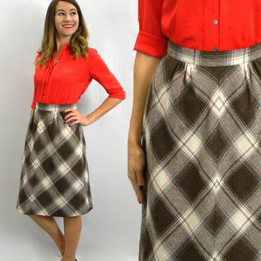 60s Brown Plaid Skirt |Plaid  A-Line Skirt | Medium 