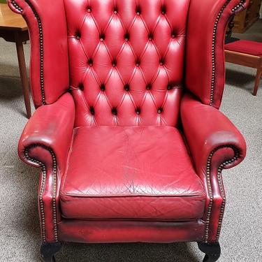 Item #U137 Vintage Red Leather Chesterfield Wing Back Arm Chair c.1970