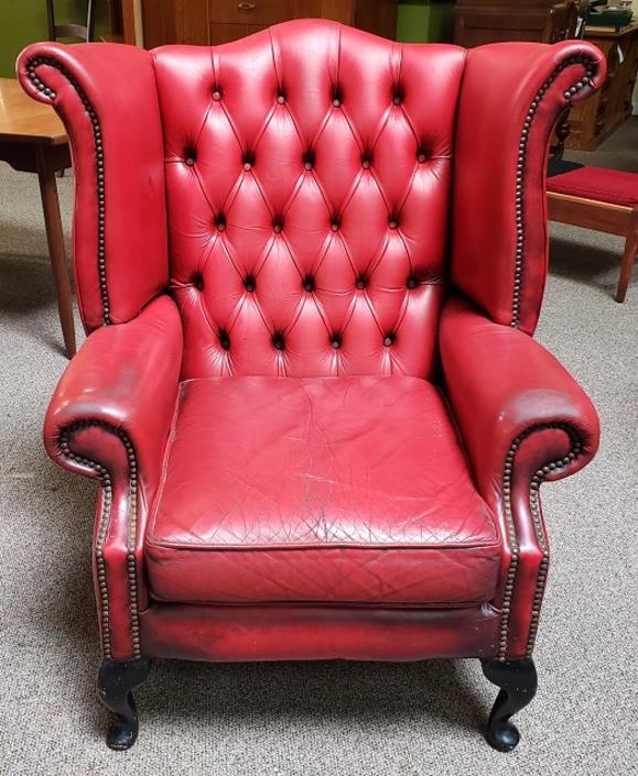 Item #U137 Vintage Red Leather Chesterfield Wing Back Arm Chair c.1970