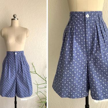 Vintage 1980s Cornflower Blue Floral Shorts | Size L/XL 