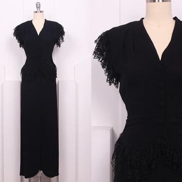 Vintage 1940's Black Rayon Crepe &amp; Lace Evening Dress • 40's Peplum Long Dress • Size XS 