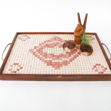 Midcentury Pink Square Mini Tile Wood Tray with Brass Handles 