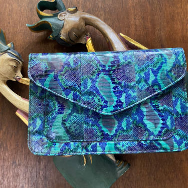 Vintage Purple and Turquoise Blue Dyed Snakeskin Leather Purse Clutch Handbag 