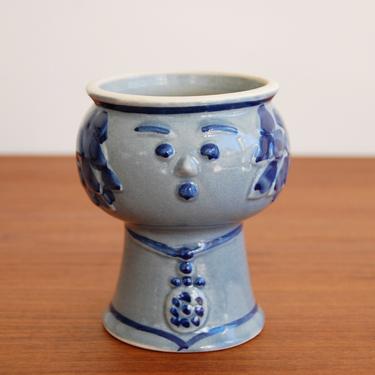 Scandinavian Ansiktskruka Lady Pottery Candle Holder Flower Vase Blue Made in Denmark 