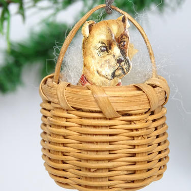 Antique Puppy in a  Basket Christmas Ornament, Vintage Dog Scrap in Woven Basket 