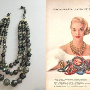 Storm Clouds Overhead - Vintage 1950s 1960s Muted Two Tone Gray & AB Facet Cut Lucite 3 Strand Bead Necklace 