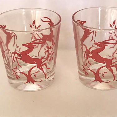 Set of (2)  Leaping Reindeer Christmas pattern Red Tumblers- Rocks Old Fashioned Glasses 