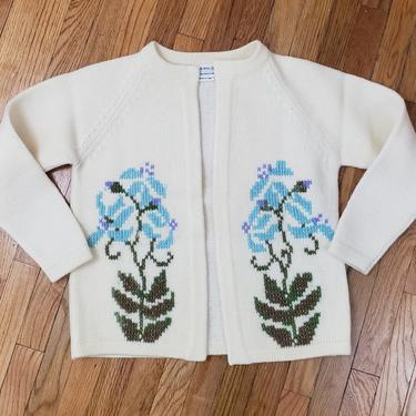 Vintage 1950's Wool Sweater / 60s Floral Cardigan Jumper L 