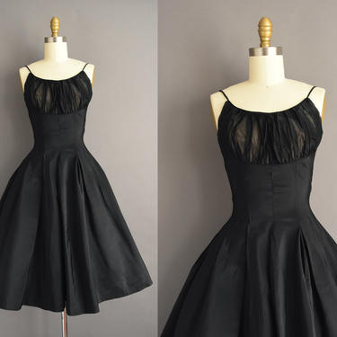 vintage 1950s | Gorgeous Jet Black Sweeping Full Skirt Holiday Party Cocktail Dress | XS | 50s dress 