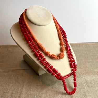 Red and salmon plastic bead necklace pair - 1950s vintage costume jewelry 