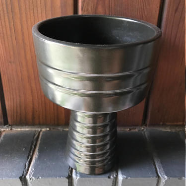 Japanese Otagiri Black Matte Iron Spiral Incised Chalice Planter Bonsai Cup Dish Bowl Footed Ceramic Vessel Mid-Century Vintage 