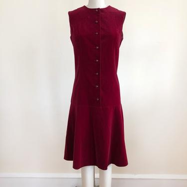 Sleeveless Burgundy Velveteen Dress with Red Rhinestone Buttons - 1960s 