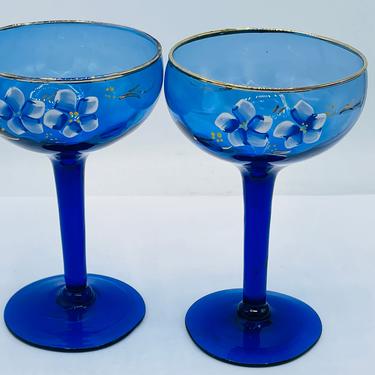 Vintage (2)  Bohemian - Hand painted Coupe Champagne Cocktail  glasses - Gold Overlay Trim, raised Applied Flowers and Blue glass 