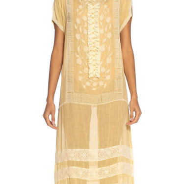 1920S  Pale Yellow Cotton Voile Beaded  Embroidered Gatsby Picnic Dress 