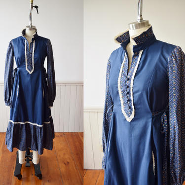 Gunne Sax Blue Cabbage Rose Prairie Dress | 1970s Vintage Gunne Sax Dress | S-S/M 