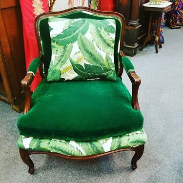 Beautiful green velvet and palm print chair and ottoman