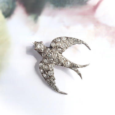 Antique Diamond Swallow With Ruby Eyes Pin Brooch Silver 14k 
