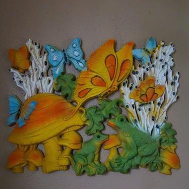 60s Woodland Animal Wall Art Frog, Mushroom, Butterflies Hippie Home Decor, Vintage 70s Sculptural Colorful Bohemian Butterfly Wall Hanging 