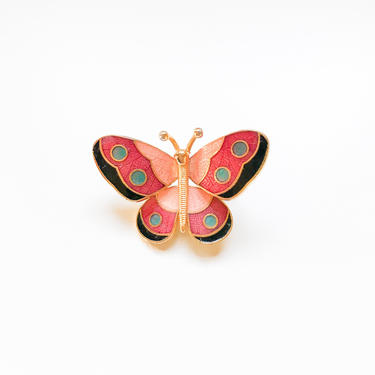 70s Gold Pink Turquoise and Black Cloisonne Butterfly Pin 