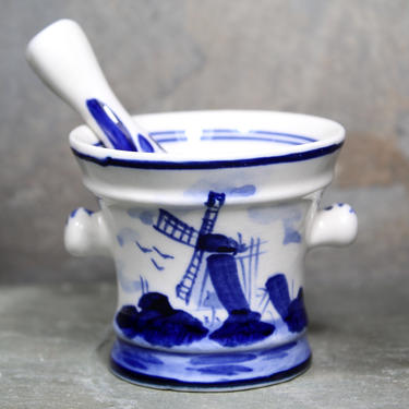 Delft Mini Ceramic Mortar and Pestle - Hand Painted Blue and White Porcelain Made in Holland | FREE SHIPPING 