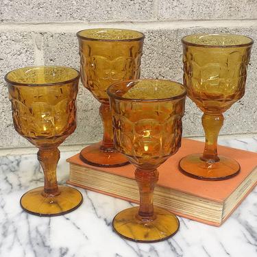 Vintage Goblets Retro 1970s Orange Amber Glass + Bohemian + Set of 4 Matching + Drinking Glasses + Boho Kitchen and Decor + Stemware + 