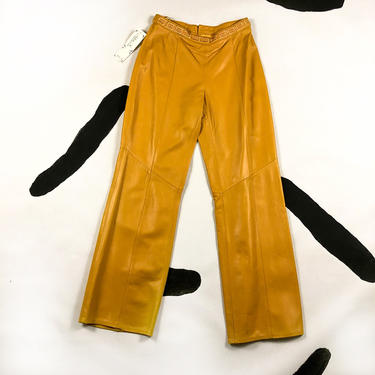 90s Mustard Yellow Leather Pants / Wide Leg / Greek Key / Embroidered / y2k / Soft / Buttery / Deadstock / Size 10 / Sunflower / Waistband 