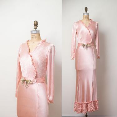 1930s Satin Bias Cut Gown / Old Hollywood 30s Pale pink dress 