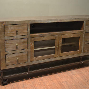 Industrial Rustic Reclaimed wood 76 inch TV stand Media Console on wheels 