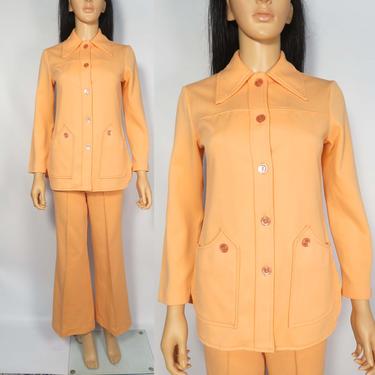 Vintage 70s Peach Sherbet Disco Polyester Bell Bottoms 2 Piece Pant Suit Size M 