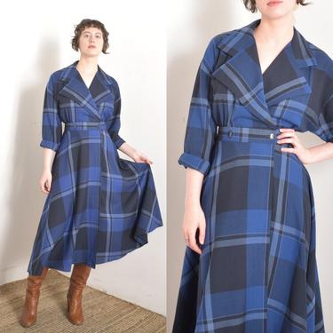 Vintage 1980s Dress / 80s Plaid Wool Wrap Dress / Blue ( small S ) 