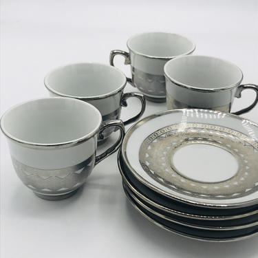 8 PC set of  Espresso coffee cups and saucer Cappuccino Coffee  Silver and Porcelain 