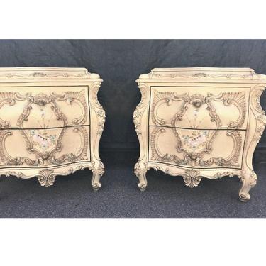 Large RARE Romantic Antique Cream French Rococo Ornate Fancy Bedroom Pair of Nightstands / End tables (PureVintageNYC) 