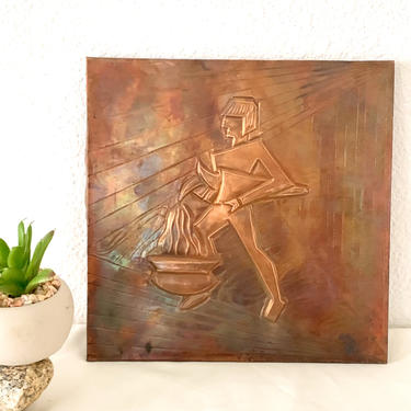 Zodiac Copper Art Piece, Modern Minimalist, Aquarius, Water Bearer, Wall Hanging, Artisan Signed, Home Decor 