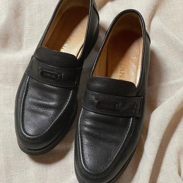 Vintage CHANEL Letter Logo ID Plate Black Leather Loafers Slip On Driving Shoes eu 37 us 6.5 - 7 