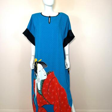 Vtg 1980s deadstock David Brown geisha print caftan dress 