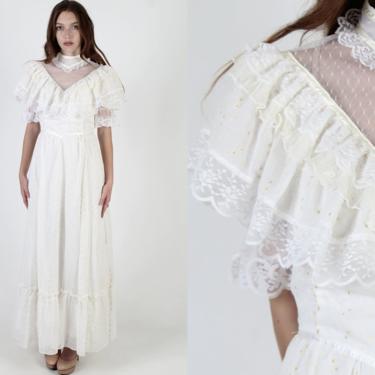 70s Off White Gunne Sax Bridal Dress / 1970s Jessica McClintock Swiss Dot Maxi Dress / Vintage Olf Fashioned Eyelet Dress 