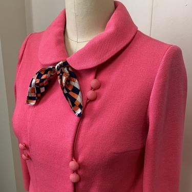 1960s Mod knit wool Pink Skirt Suit, Button blazer 