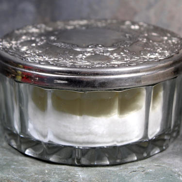 Vintage Glass and Silver Loose Powder Jar with Mirror - Never Been Used with Clean applicator &amp; Screen - Made in Hong Kong |FREE SHIPPING 